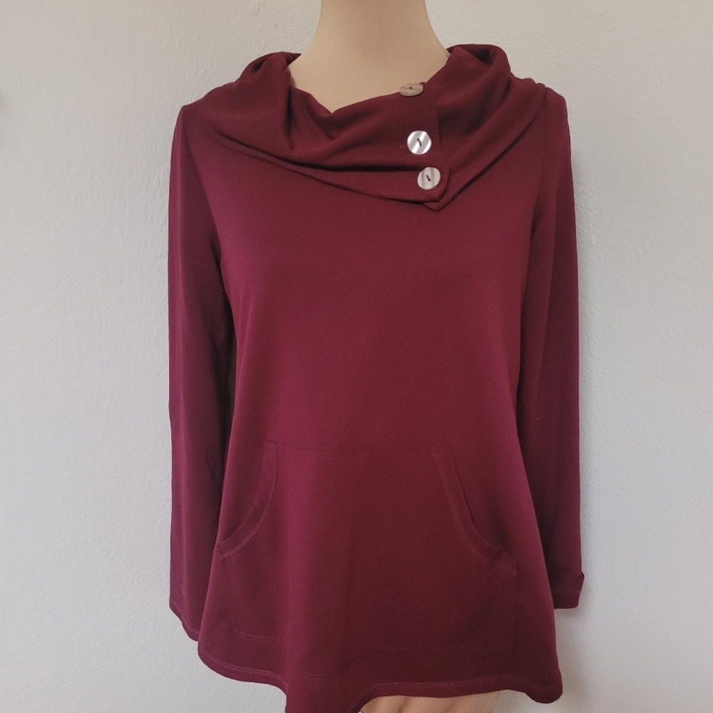 Soft Surroundings Burgundy Button-Accent Cowl Pullover